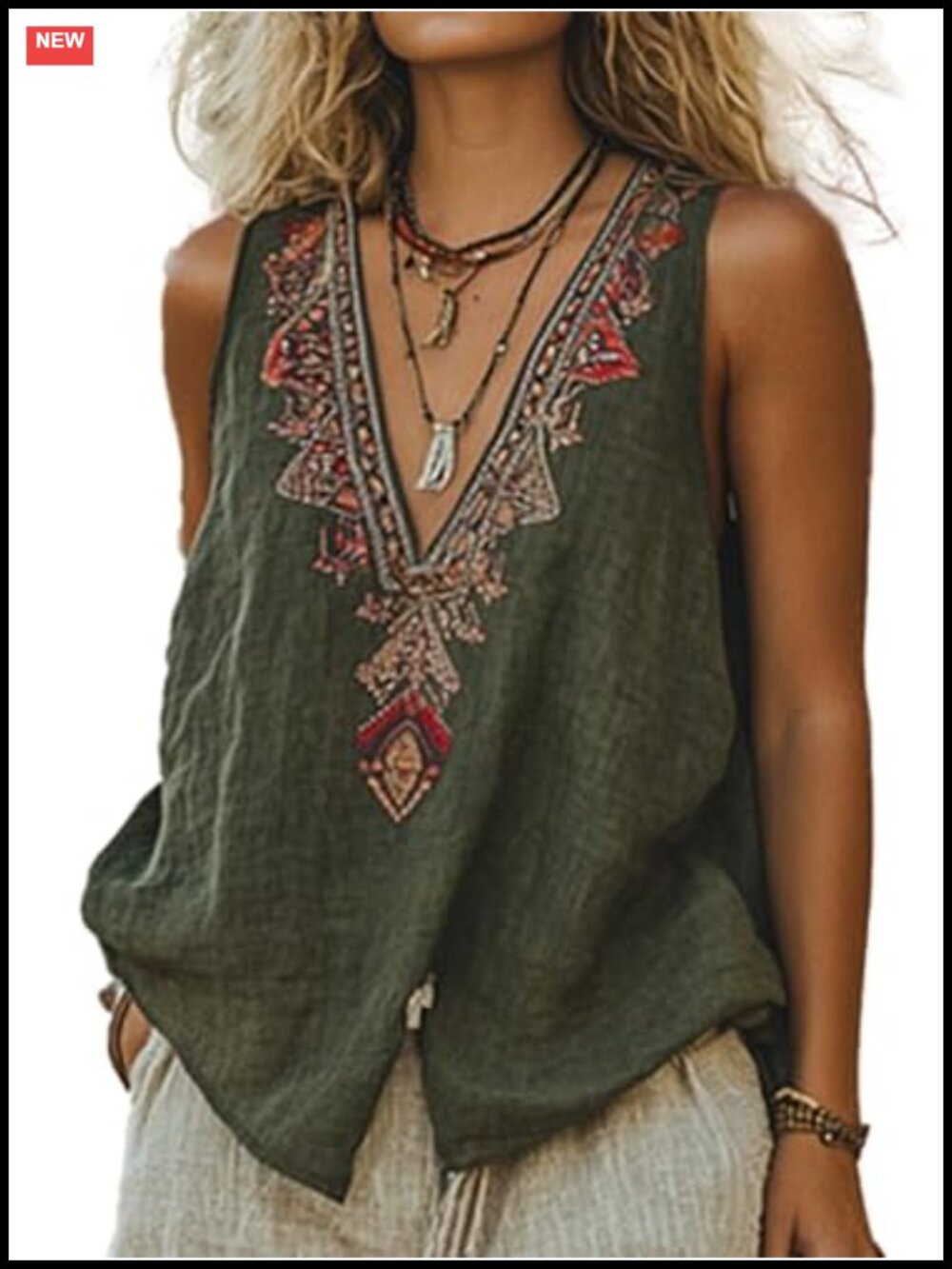 Mexican Embroidered Sleeveless Boho Tank Top Women Summer V Neck Loose Fit